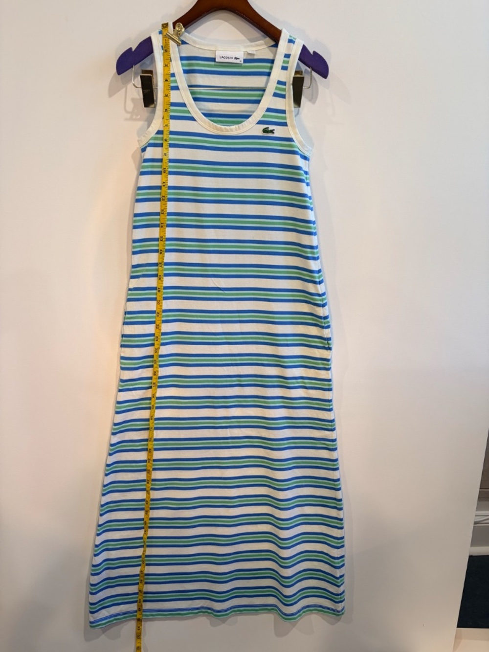 Lacoste Striped Tank Dress White Blue Green Cotton Size 32 XS, w Pockets - Picture 5 of 8